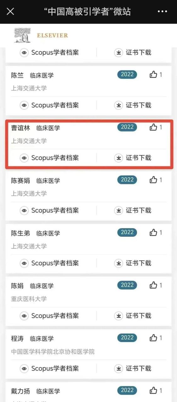 重磅！联合丽格第一医院曹谊林教授入选Elsevier2022“中国高被引学者”